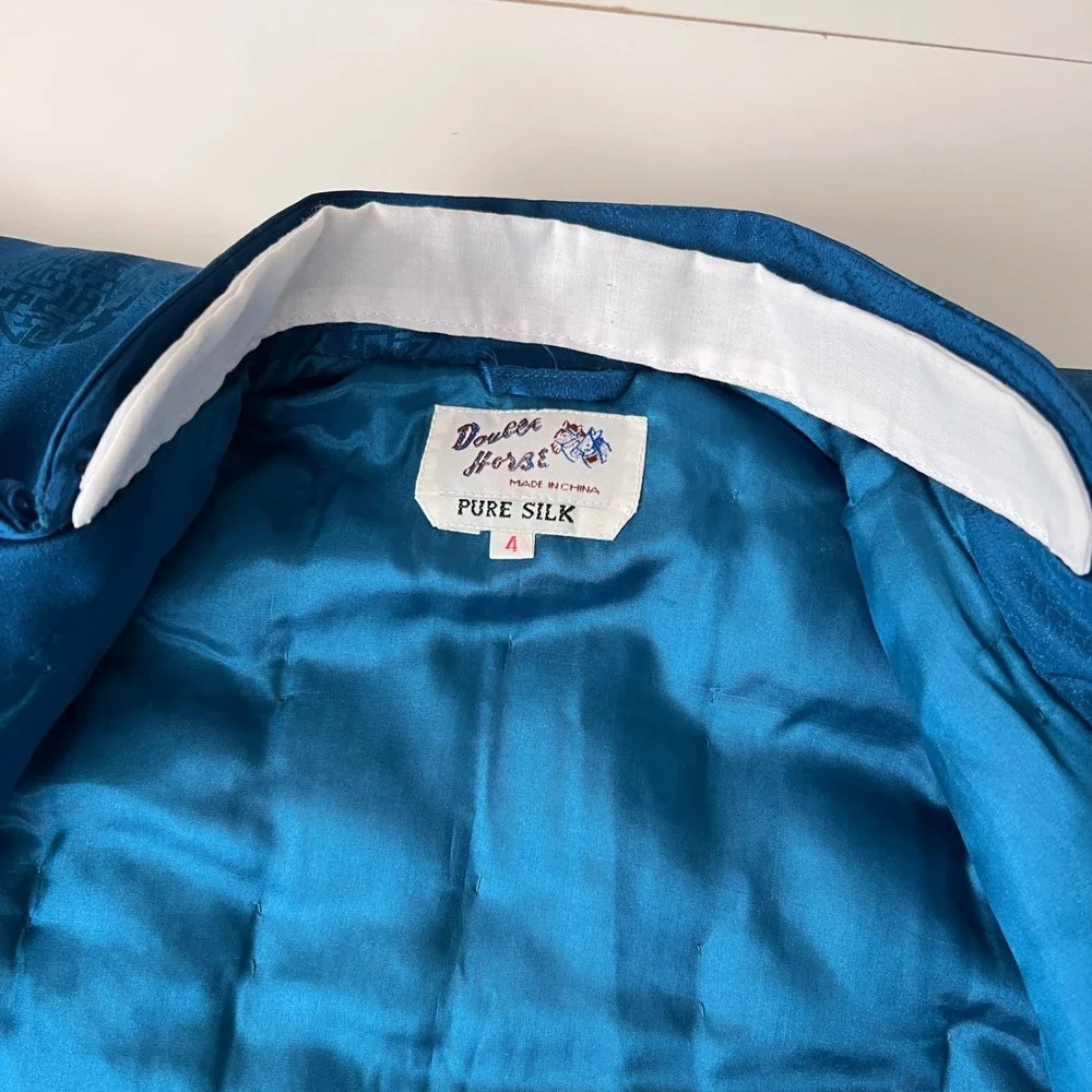 Vintage 100% Silk Quilted Puffer Jacket Kids Toddler Teal Blue Asian Traditional